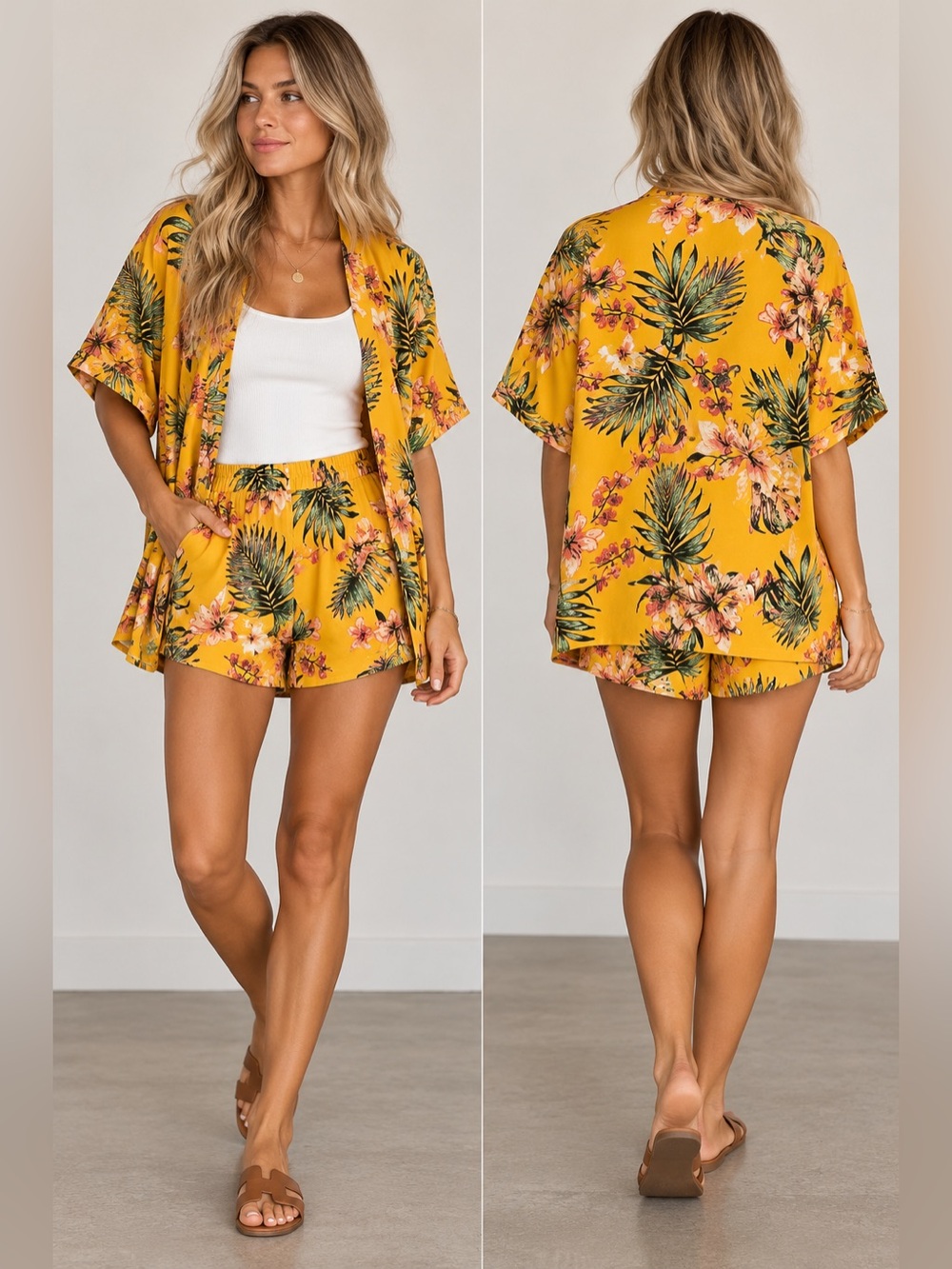 Tropical Floral Two-Piece Kimono Cover-Up Set